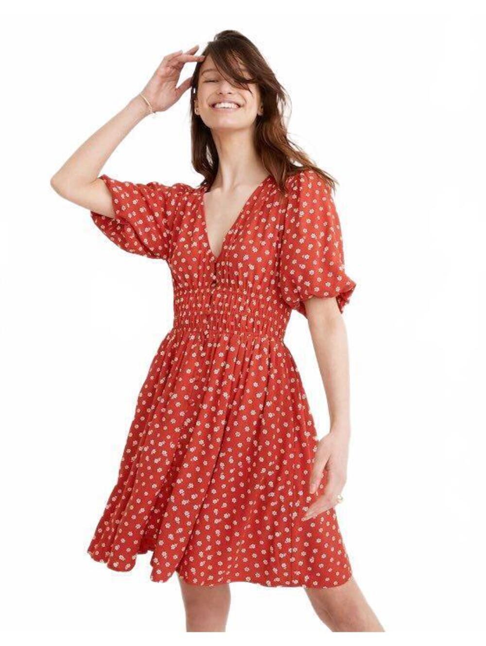 Madewell Sophia Red Bandana Floral Smocked Puff Sleeve Mini Dress Size Medium - Picture 2 of 9